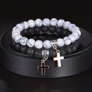 Bratara dama, set 2 piese, model cu pandantiv tip cruce, asortate, tematica God is love, elastice, negru cu alb - Img 3