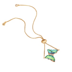 Bratara dama, tenis, pandantiv fluture cristal verde, aurie, reglabila