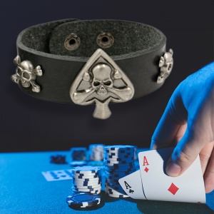 Bratara de piele ecologica, model gambler accesorizat cu capete de schelet, tematica lucky hand, unisex, neagra, - Img 3