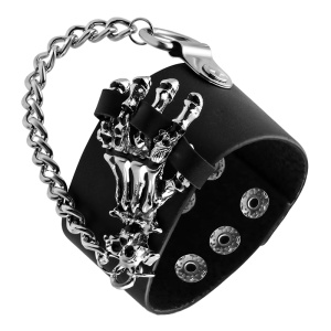 Bratara de piele sintetica cu mana de schelet, accesorizata cu lant, model together forever, tematica nedespartiti, unisex, argintie,