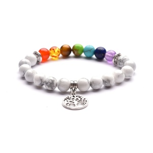 Bratara energetica creata manual, din roca vulcanica , 7Chakras si pandantiv copacul vietii, pietre semipretioase, unisex, alba