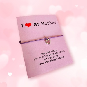 Bratara I Love My Mother, pandantiv inima argintiu, reglabile, din sfoara, mov - Img 2
