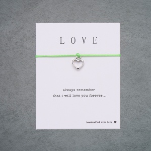 Bratara love pandantiv inima argintiu, realizate manual, sfoara verde, reglabila, unisex - Img 2