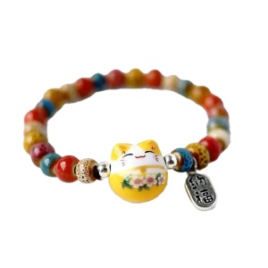 Bratara, model cu margele si pisica simpatica, tematica lucky cat, elastica, unisex, galbena