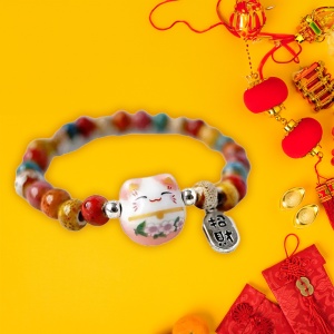 Bratara, model cu margele si pisica simpatica, tematica lucky cat, elastica, unisex, roz - Img 2