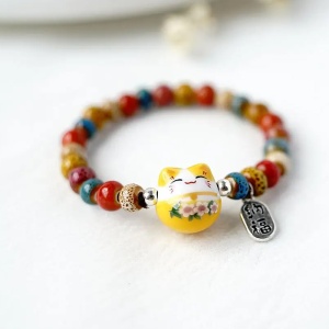 Bratara, model cu margele si pisica simpatica, tematica lucky cat, elastica, unisex, galbena - Img 3