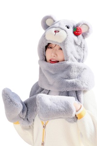 Caciula dama, model cap de ursulet voluminos, prelugire tip fular calduros cu loc special pentru maini tip manusi, tematica happy bear, marime universala, gri deschis