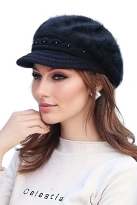 Caciula dama, model cu cozoroc si accesorii delicate, tip bereta calduroasa, tematica fashion winter, marime universala, neagra