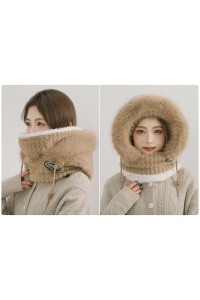 Caciula dama, model moale si pufos tip cagula cu guler inalt, reglabila cu snur, tematica warm and cozy winter, marime universala, maro - Img 4