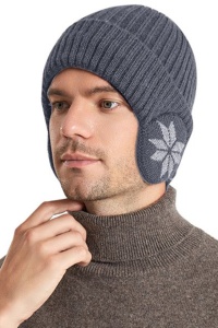 Caciula iarna, model cu protectie intarita pentru urechi, imprimeu fulg de zapada, captuseala moale si fina, tematica happy winter, unisex, marime universala, gri inchis - Img 4