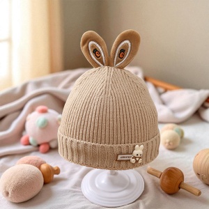 Caciula pentru copii, accesorizata cu urechiuse de iepuras, model minimalist, captuseala delicata, tematica little rabbit, 1 - 3 ani, maro - Img 2