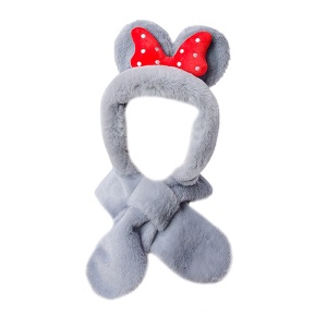 Caciula pentru copii, calduroasa, model voluminos cu urechiuse, accesoriu funda gigantica cu buline, tematica my lovely kid, 1 – 5 ani, gri