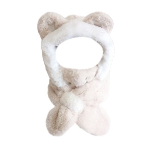 Caciula pentru copii, model calduros cu urechiuse tip fular si masca detasabila cu dintisori, tematica hide and seek, 2 – 6 ani, bej
