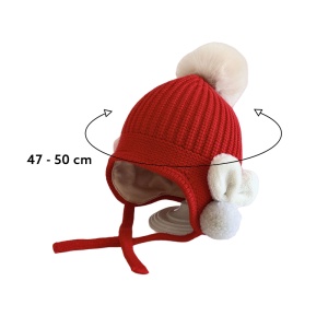 Caciula pentru copii, model cu pom pom si prindere reglabila sub barbie, accesorizata cu iepurasi la urechi, tematica little bunny in the winter, 1 – 3 ani, rosie - Img 4