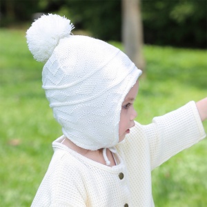 Caciula pentru copii, model cu prindere si pom pom, tematica playful kid, 6 luni – 3 ani, alba - Img 4