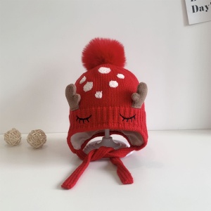Caciula pentru copii, model pom pom cu urechiuse si prindere sub barbie, tematica micuta caprioara din poveste, 1 – 4 ani, rosie - Img 2