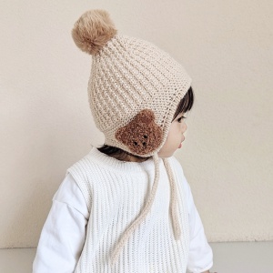 Caciula pentru copii, model pom pom si ursulet la urechi, prindere sub barbie reglabila, tematica prietenul meu blanos, 1 – 2 ani, bej - Img 4