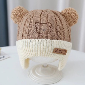Caciula pentru copii, prelungire pentru urechiuse, imprimeu ursulet, model cute, tematica happy little bear, 6 luni – 3 ani, maro - Img 3