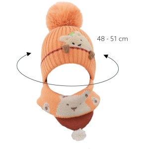 Caciula pentru copii, set doua piese, model pom pom cu ursulet curios, fular asortat tip guler, tematica I’m a friendly little bear, 12 luni – 2 ani, rosie - Img 3