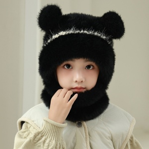 Caciula pentru copii, tip cagula cu guler, model pufos cu urechiuse ascutite, tematica fluffy cozy bear, 1 – 4 ani, neagra - Img 2