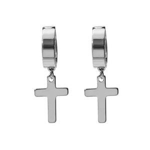 Cercei barbati, cu clips, model cruce, argintii,