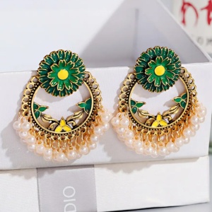 Cercei dama, model retro indian, cu accesorii perlute, rotunzi, verzi - Img 2