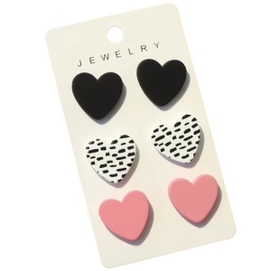 Cercei dama, set 3 perechi, model cu inimioare, tematica fashion love, negru cu roz
