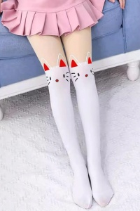 Ciorapi adolescente, intaritura pana la genunchi, model cu pisica vesela, tematica I love cat, albi