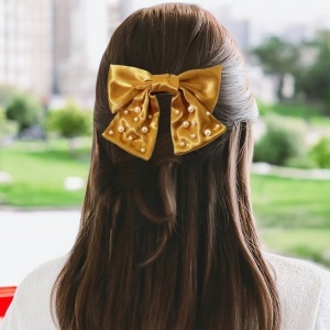 Clama de par, accesorizata cu funda satinata, model elegant cu margelute, tematica fancy lady, mustar - Img 3