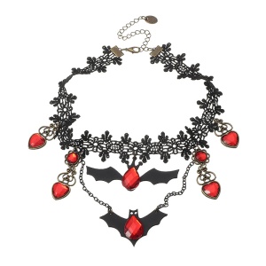 Colier dama Halloween, negru, cu pandantiv liliac si accesorii inimi rosii cristal, reglabil