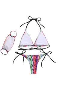 Costum de baie cu masca, 3 piese, animal print multicolor, slip brazilian, sutien reglabil RO - Img 2