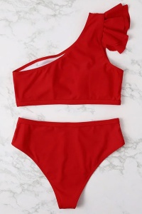 Costum de baie dama, 2 piese, model cool seducator, top tip bustiera cu prindere pe un umar si chilot talie inalta, tematica sexy elegant summer rosu - Img 2