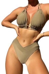 Costum de baie dama, 2 piese, model de vara clasic elegant, sutien cu bretele reglabile, chilot cu talie inalta si coapsa dezgolita, tematica classy and hot bikini kaki