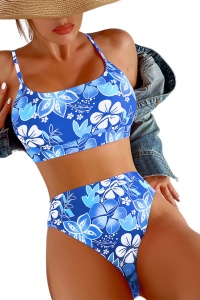 Costum de baie dama, 2 piese, model floral, sutien tip bustiera si chilot cu talie inalta albastru
