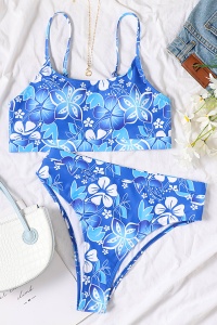 Costum de baie dama, 2 piese, model floral, sutien tip bustiera si chilot cu talie inalta albastru - Img 3