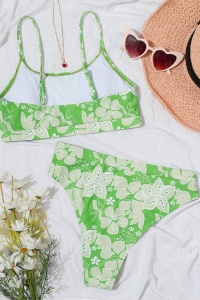 Costum de baie dama, 2 piese, model floral, sutien tip bustiera si chilot cu talie inalta verde - Img 4