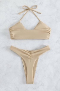 Costum de baie dama, 2 piese, model minimalist cu accesorii, sutien prindere dupa gat si chilot decupaj tanga, detaliu de contrast, tematica hot bikini summer bej cu negru - Img 2