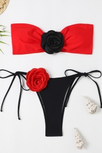 Costum de baie dama, 2 piese, model minimalist elegant si sexy, culori incitante, accesorizat cu flori asortate in contrast, sutien tip bustiera si chilot reglabil, tematica flower bloom rosu - Img 3