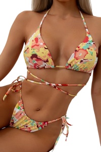 Costum de baie dama, 2 piese, model minimalist senzual, sutien cupe triunghiulare cu prindere crossbody, chilot decupaj clasic croi ingust reglabil, tematica summer flower galben