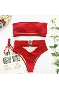 Costum de baie dama, 2 piese, model senzual, sutien tip bustiera cu crapatura si bretele detasabile, chilot decupaj clasic talie inalta cu centura, tematica sexy summer love rosu - Img 3