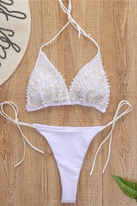 Costum de baie dama, 2 piese, model sexy white summer, tematica margele elegante alb - Img 3