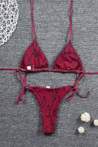 Costum de baie dama, 2 piese, model snake print, cupe triunghiulare si chilot reglabil rosu - Img 2