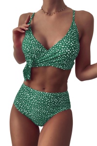 Costum de baie dama, 2 piese, model trendy sexy cu pete si buline, sutien tip bustiera eleganta si chilot cu talie inalta verde