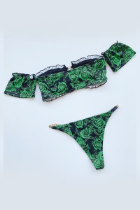 Costum de baie dama, 2 piese, model vintage elegant, cu maneci atasate si accesorii metalice verde - Img 2