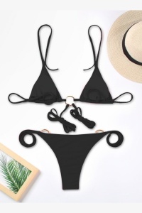 Costum de baie dama, 2 piese, negru, chilot brazilian reglabil, sutien reglabil si accesorii rotunde - Img 2