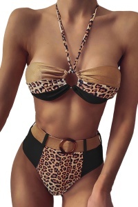 Costum de baie dama, 2 piese, slip brazilian talie inalta si sutien cu push-up, animal print, negru RO