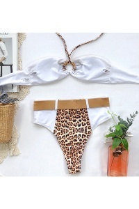 Costum de baie dama, 2 piese, slip brazilian talie inalta si sutien cu push-up, animal print, alb RO - Img 4