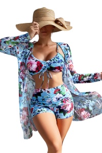 Costum de baie dama, 3 piese, model confortabil elegant pentru vara, sutien tip bustiera, chilot cu fronseu si cover up cu maneci lungi albastru