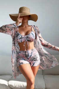 Costum de baie dama, 3 piese, model confortabil elegant pentru vara, sutien tip bustiera, chilot cu fronseu si cover up cu maneci lungi roz - Img 3