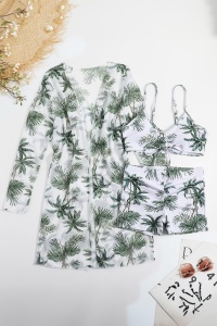 Costum de baie dama, 3 piese, model confortabil elegant pentru vara, sutien tip bustiera, chilot cu fronseu si cover up cu maneci lungi alb - Img 4